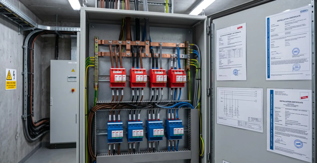 Coordinated surge protection devices (Type 1 and Type 2) professionally installed in main electrical distribution panel with proper labeling and certification documentation
