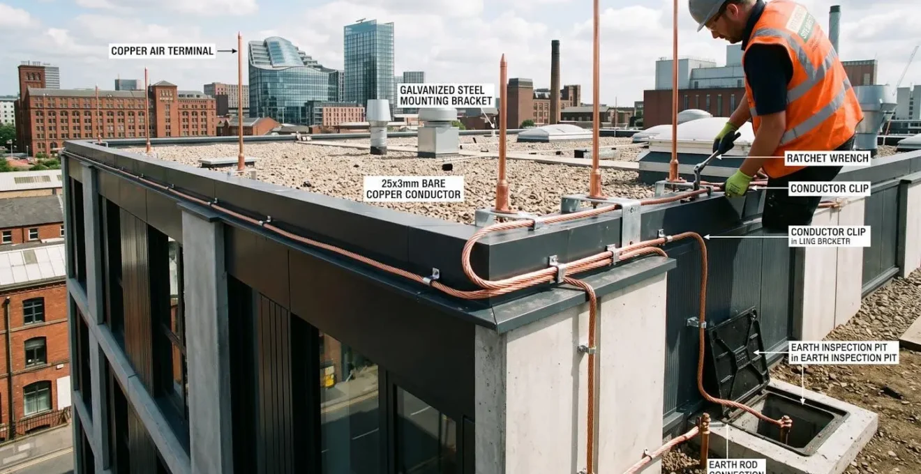 Professional installation of copper air terminals and down conductors on commercial building rooftop showing proper spacing, mounting hardware, and earth termination connections