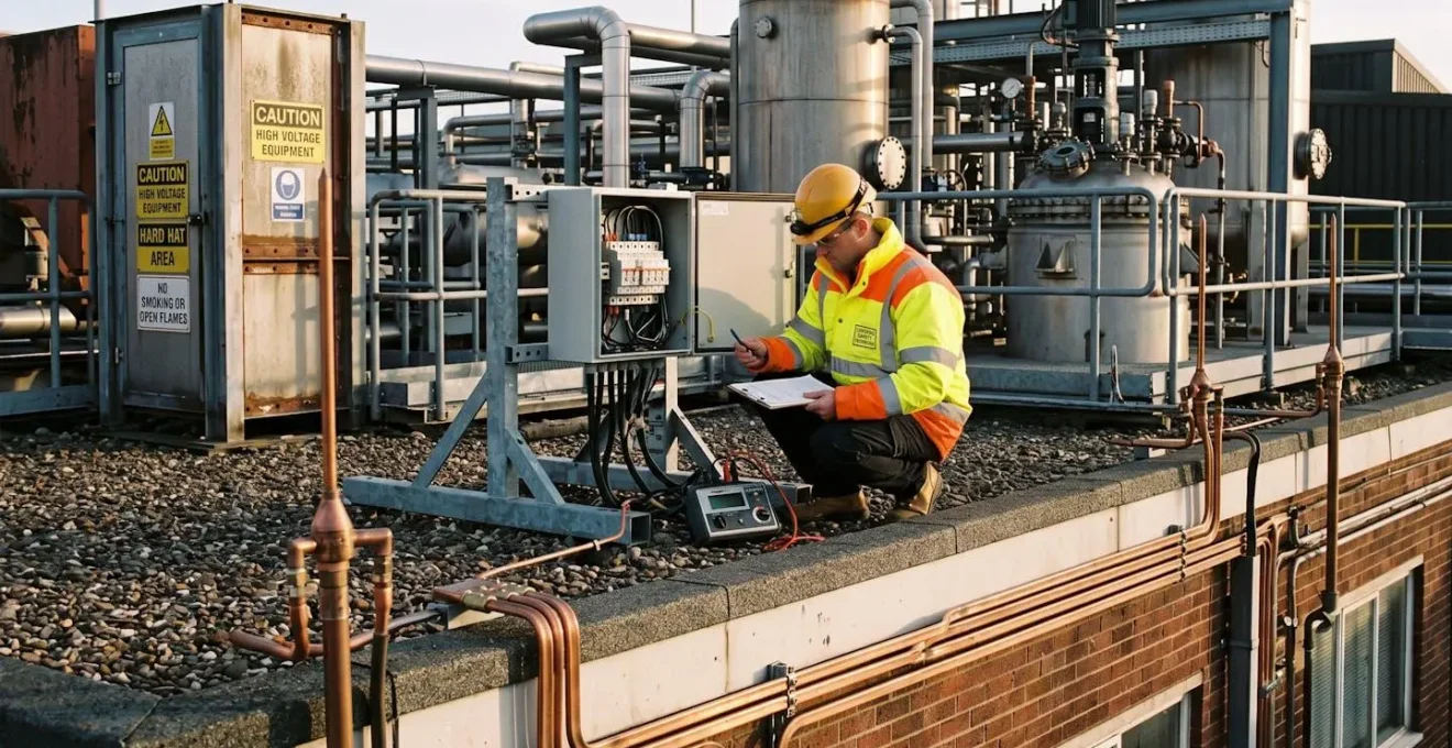 Electrical safety technician inspecting lightning protection system components on industrial facility rooftop, showing air terminals, down conductors, and surge protection equipment in authentic COMAH-regulated chemical processing environment